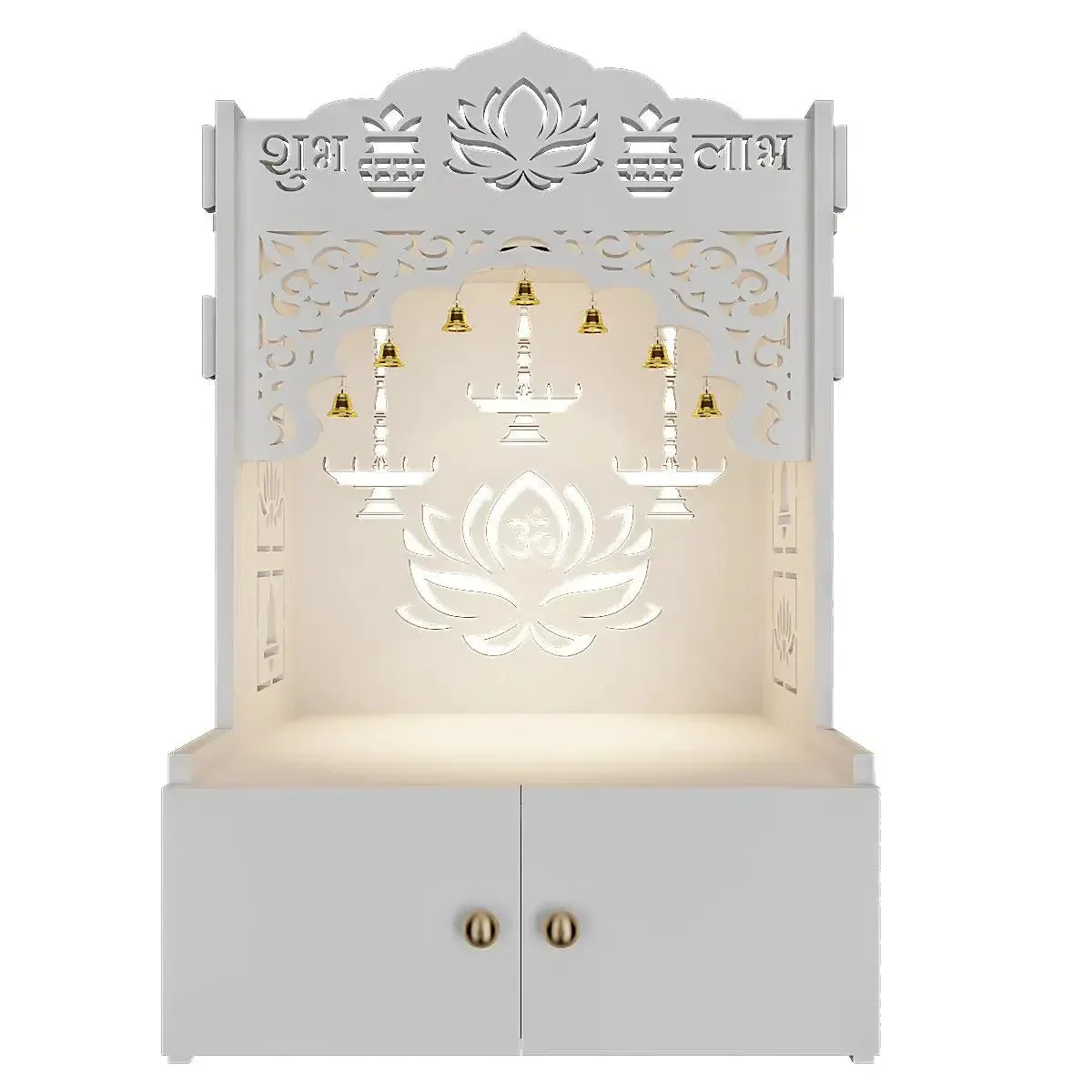 Lotus White Finish Wooden Wall Temple for Home With Inbuilt focus Lights & Spacious Shelf - Image 3