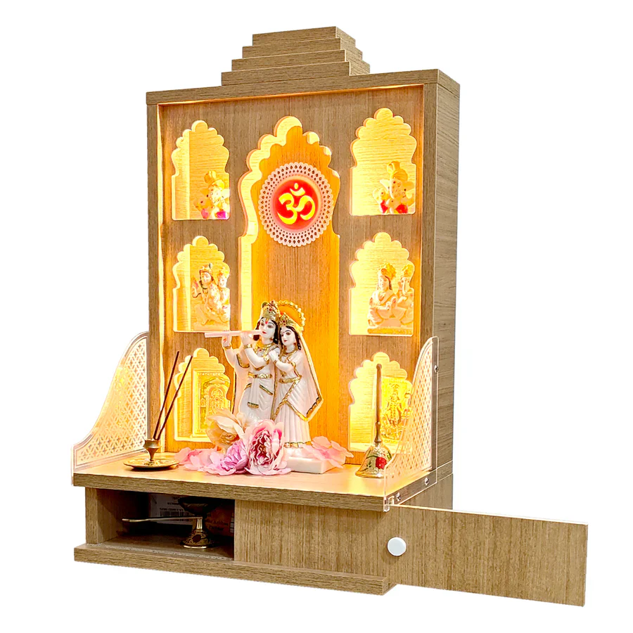 Rudracharms Wooden Wall Hanging Home Temple | Mandir for Home | Pooja Mandir | 6 Shelves, Drawer, Strip Lights - Image 3