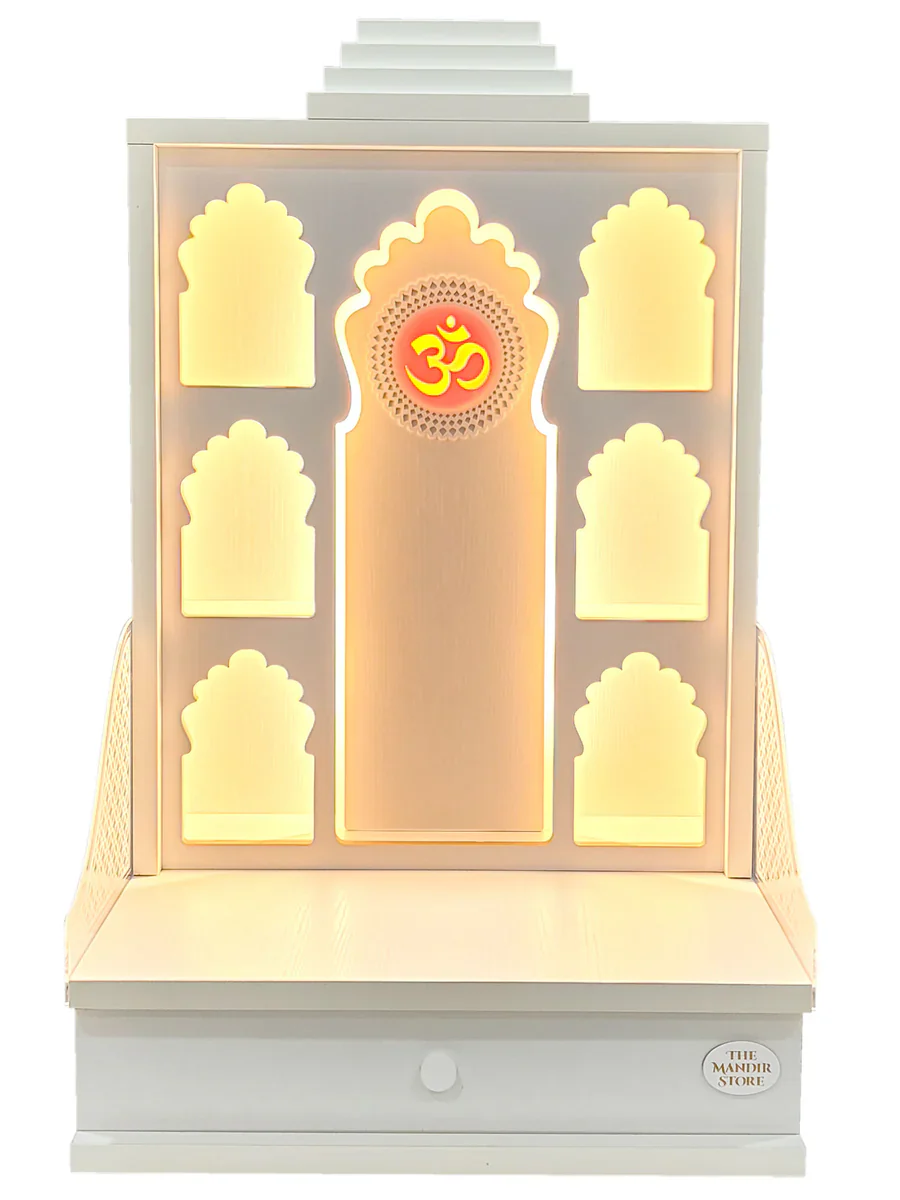 Rudracharms Wooden Wall Hanging Home Temple | Mandir for Home | Pooja Mandir | 6 Shelves, Drawer, Strip Lights - Image 4