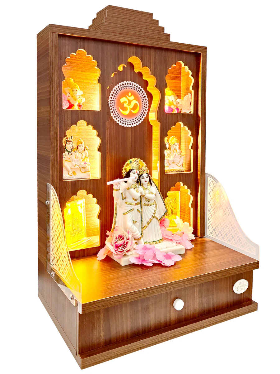 Rudracharms Wooden Wall Hanging Home Temple | Mandir for Home | Pooja Mandir | 6 Shelves, Drawer, Strip Lights - Image 5