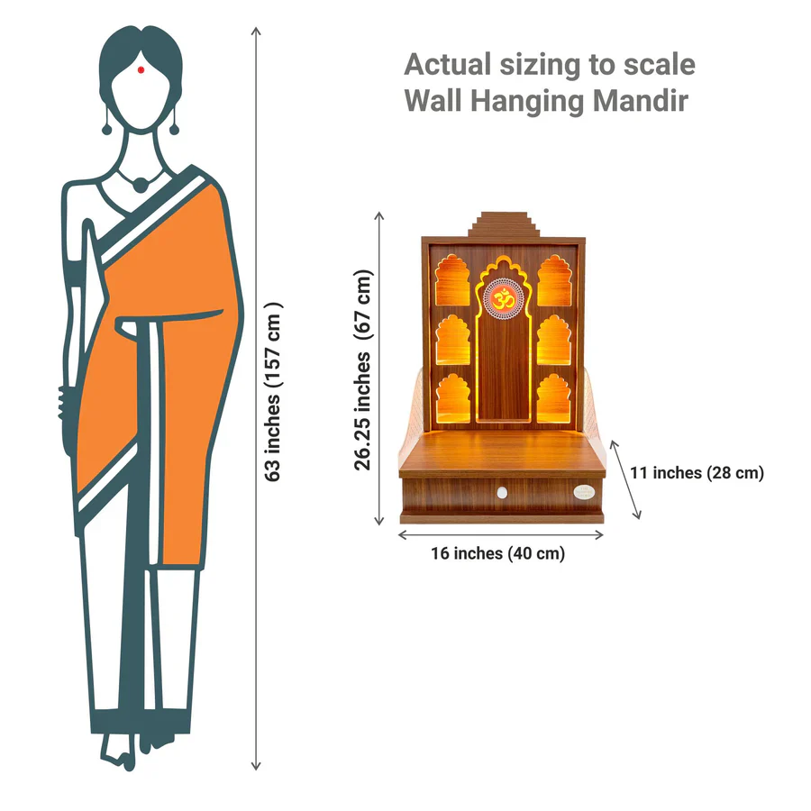 Rudracharms Wooden Wall Hanging Home Temple | Mandir for Home | Pooja Mandir | 6 Shelves, Drawer, Strip Lights - Image 9